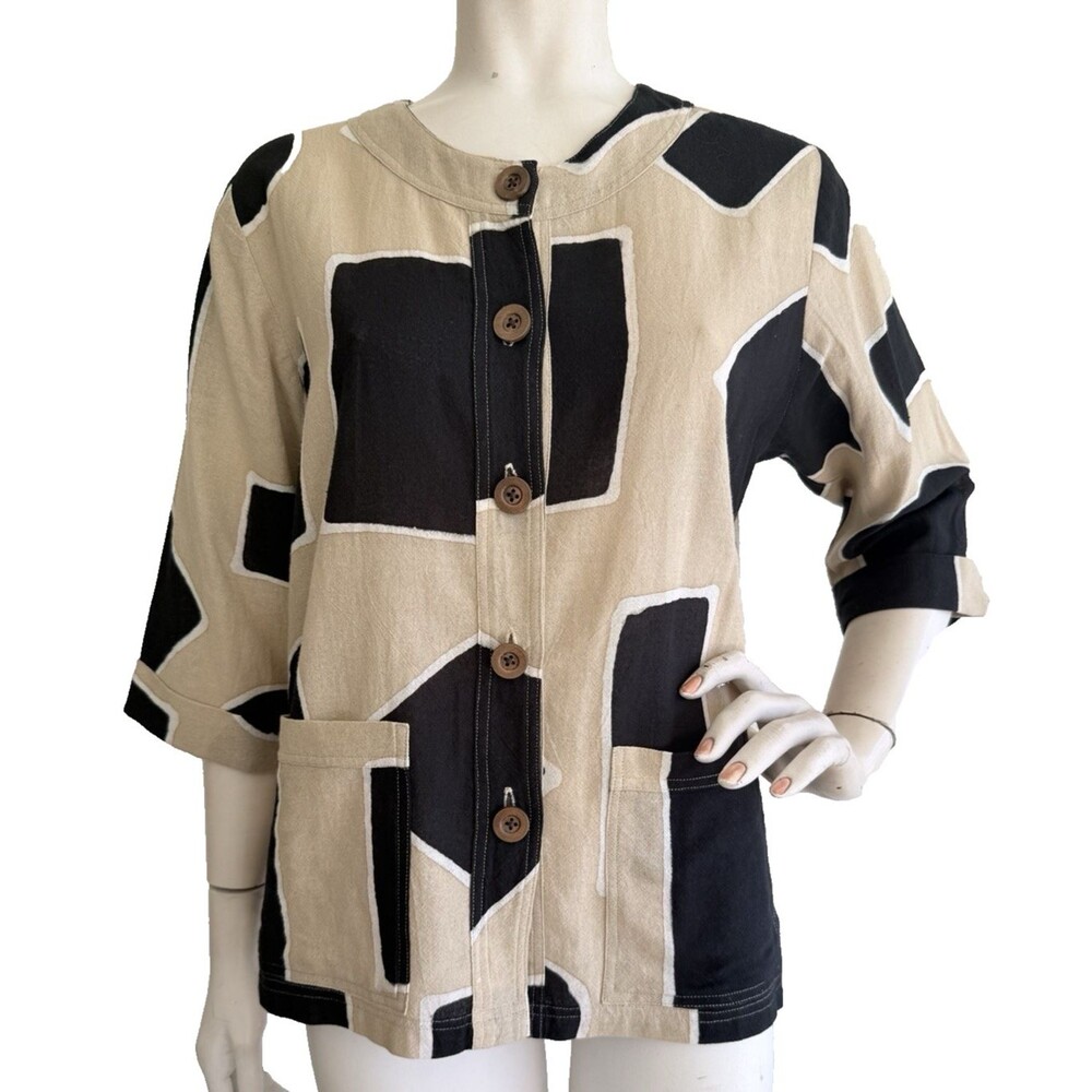 WATER LILY Top 100% Cotton Asian Art to Wear Lagenlook Blouse Brown Black Size S